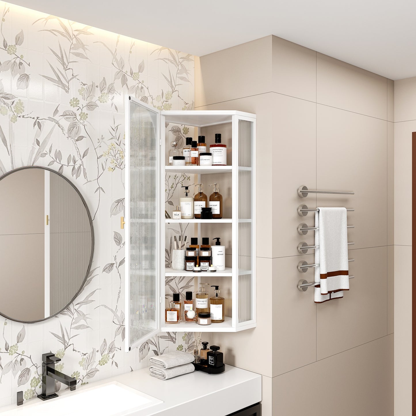 Smuxee Glass Bathroom Cabinet Storage with 4 Bathroom Shelf,Wall Corner Cabinet,White
