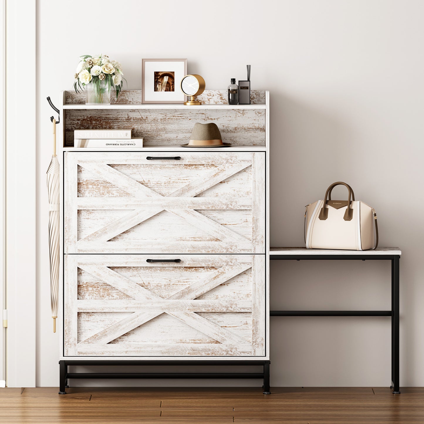 Smuxee Farmhouse Shoe Cabinet with Storage Table and Shelf,Entryway Shoe Storage Cabinet,Wood White