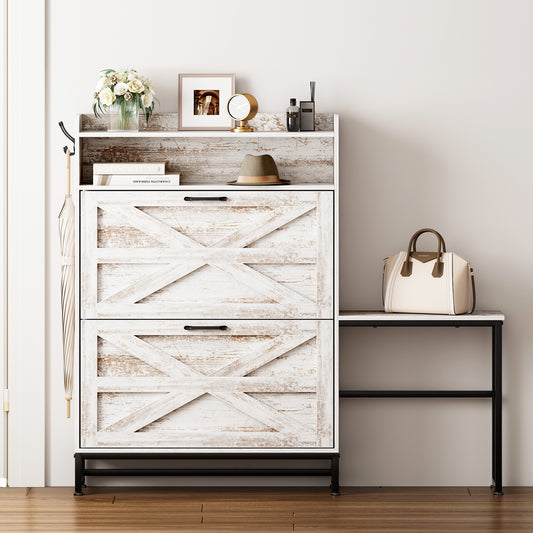 Smuxee Farmhouse Shoe Cabinet with Storage Table and Shelf,Entryway Shoe Storage Cabinet,Wood White