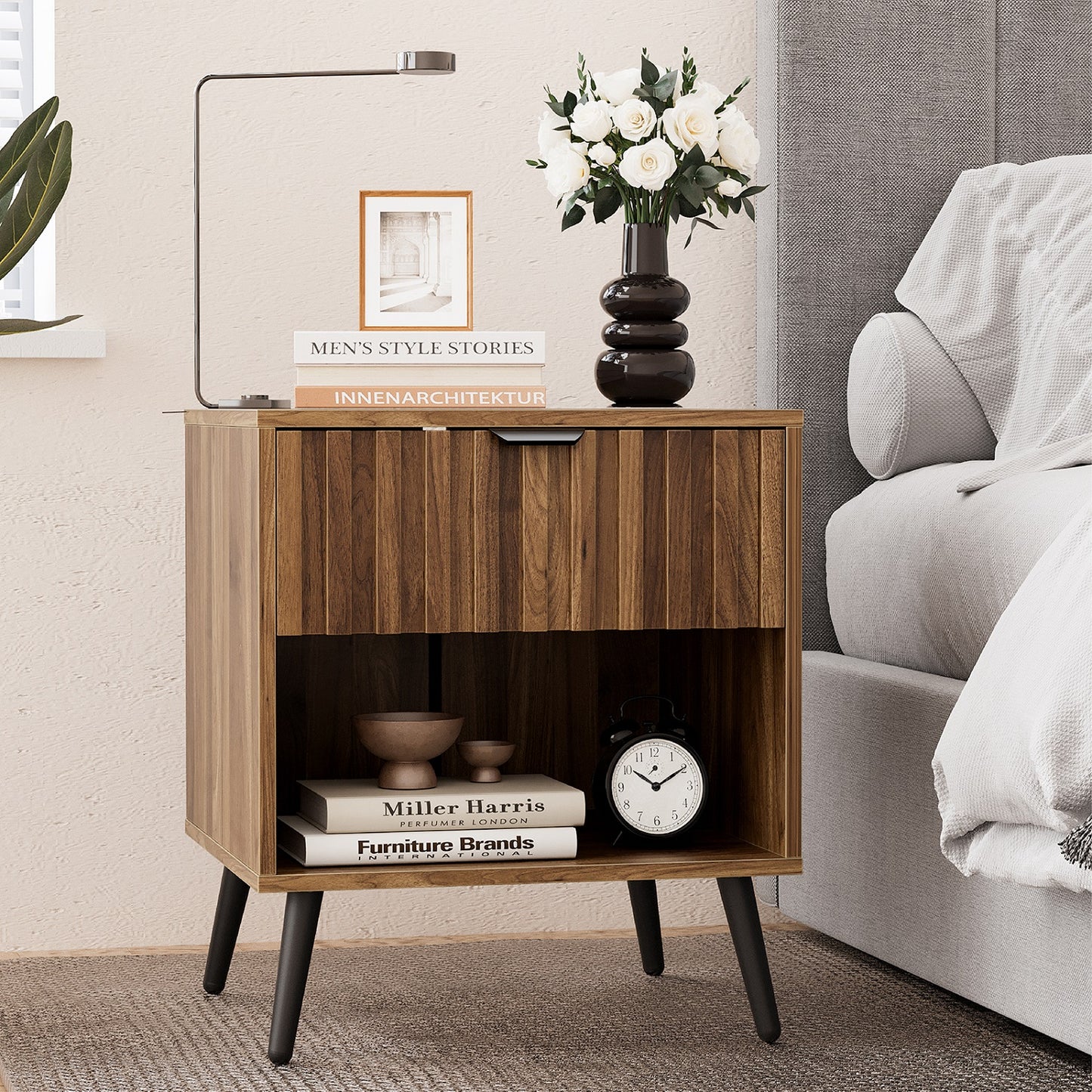 Algherohein Night Stands for Bedroom,Modern End Tables for Living Room with Fluted Drawer,Walnut