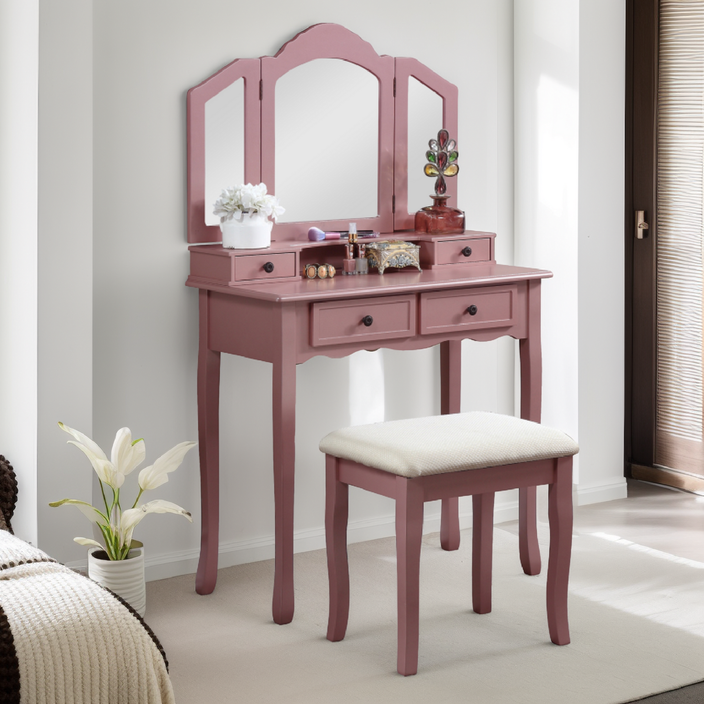 Smuxee Kids Vanity Set with Mirror,Makeup Table and Vanity Stool,Girls Bedroom Furniture