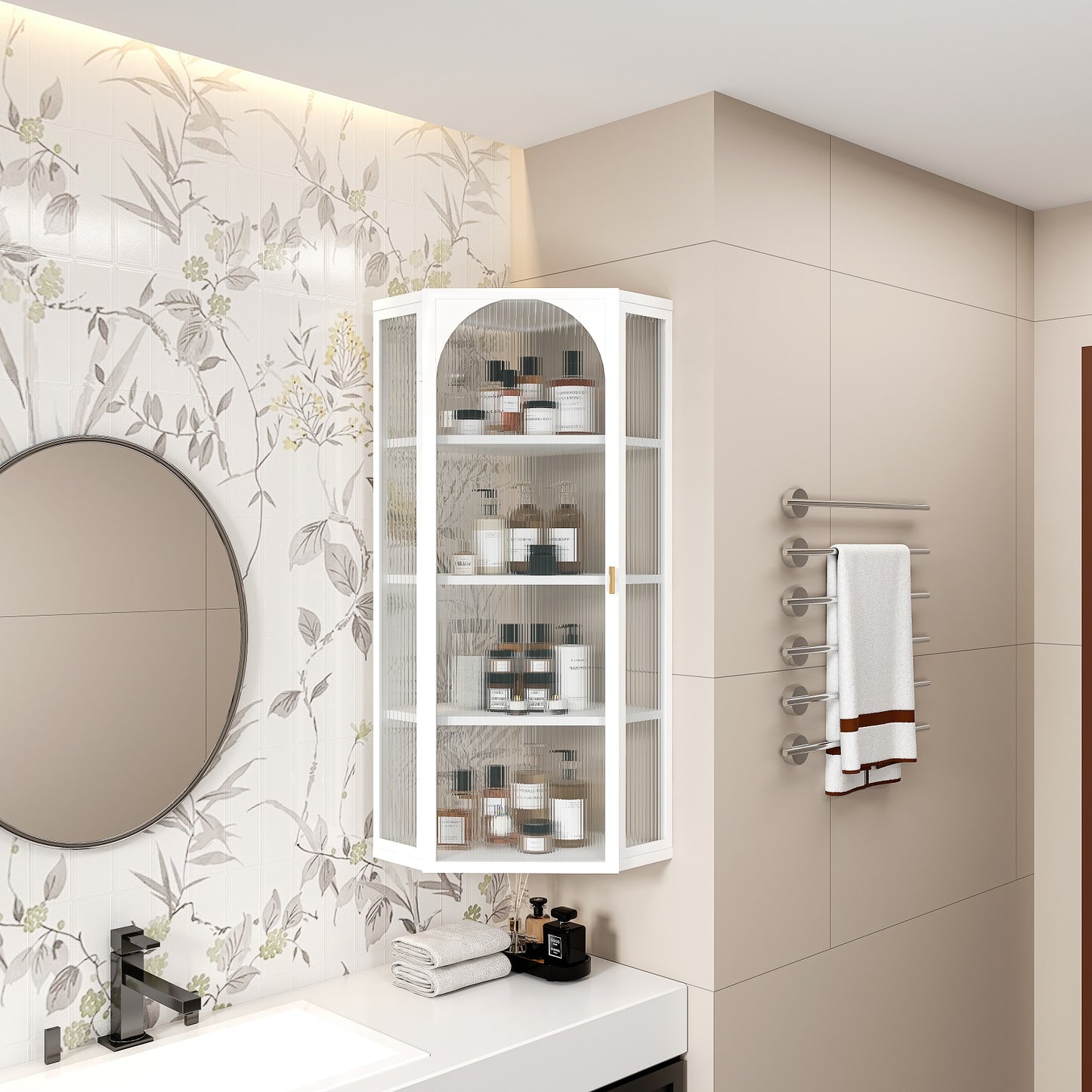 Smuxee Glass Bathroom Cabinet Storage with 4 Bathroom Shelf,Wall Corner Cabinet,White