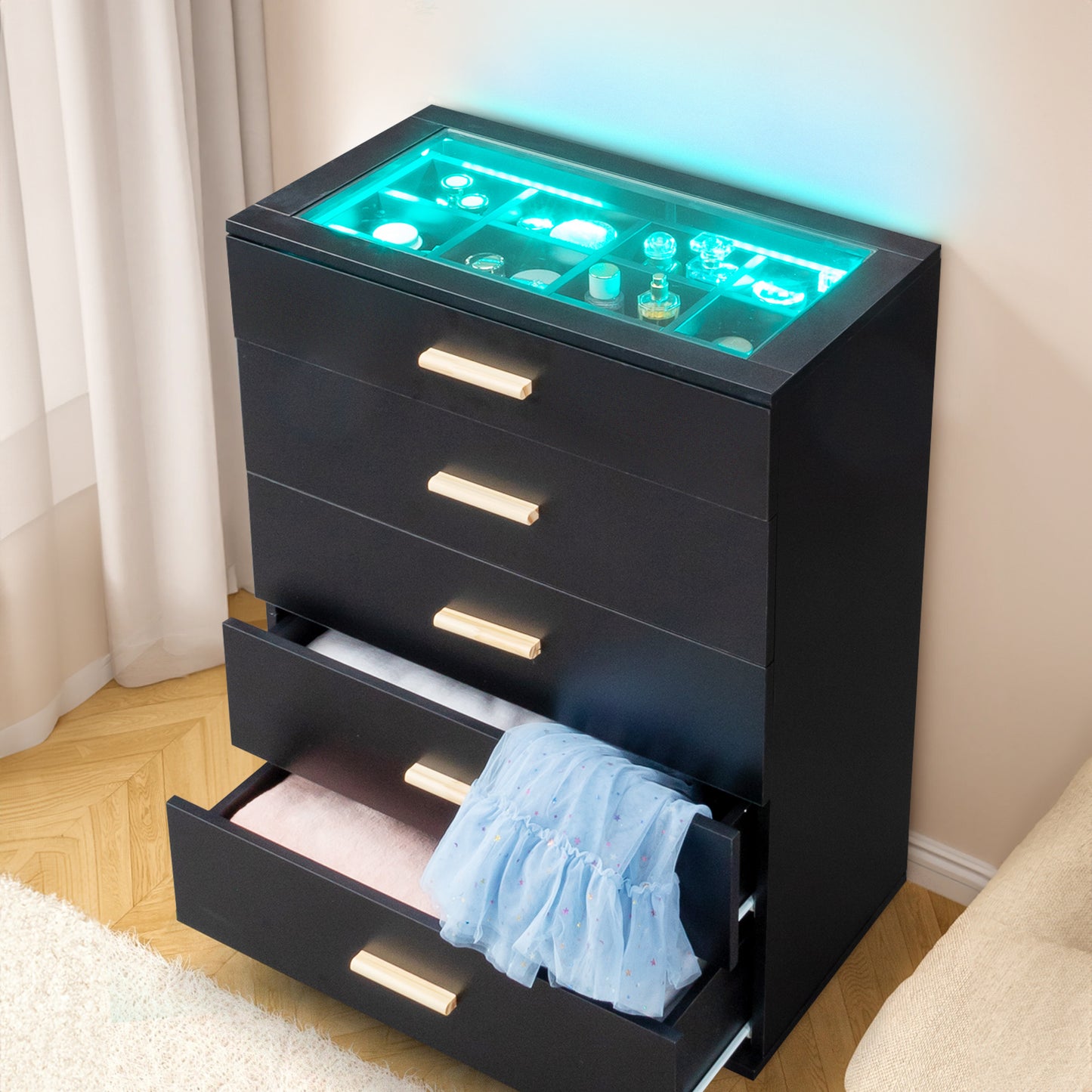 Semiocthome 5 Drawer Dresser with Glass Top and RGB Light Storage Cabinet for Jewelry Display