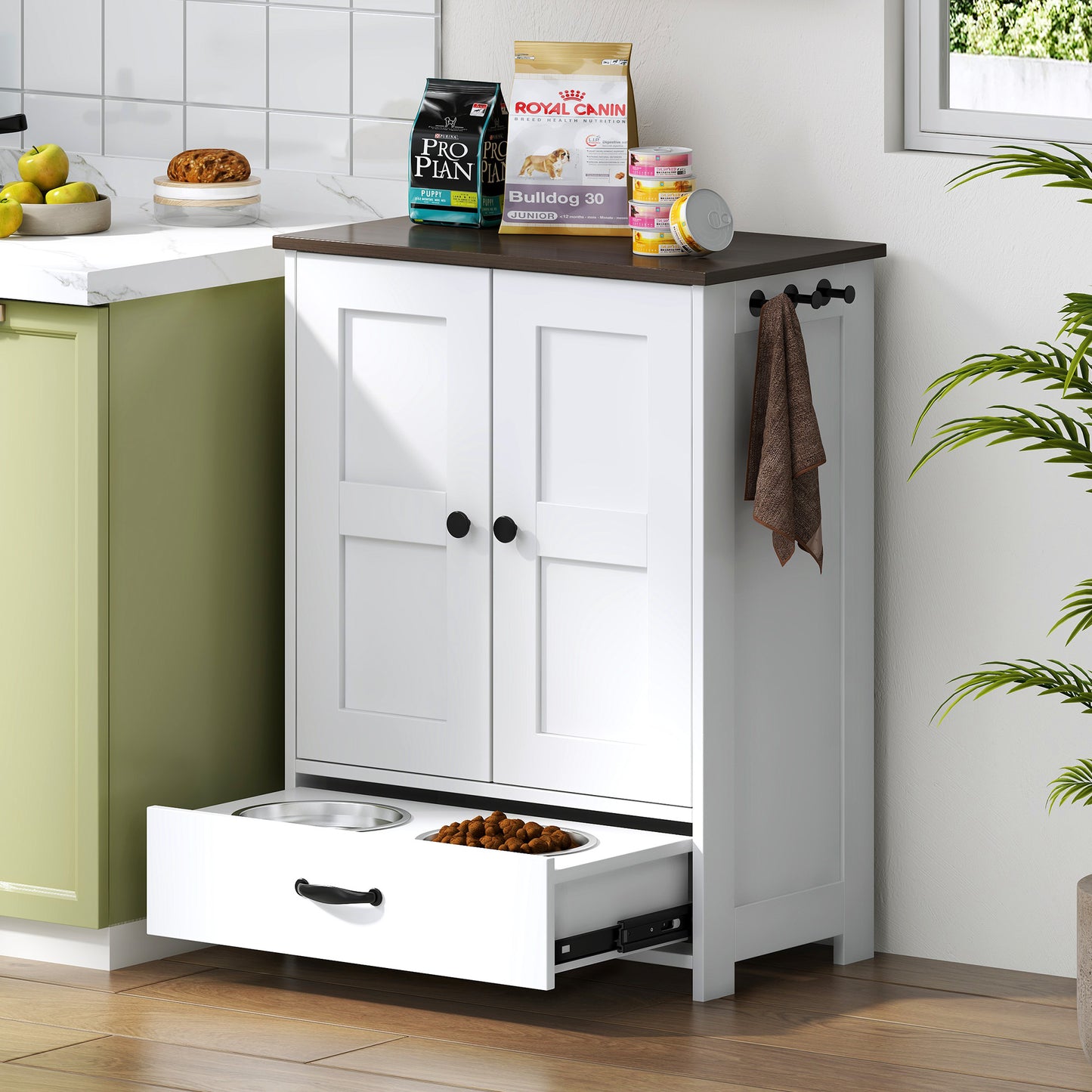 Smart FENDEE Dog Feeding Station Food Storage Cabinet with Hidden Dog Bowls and Hooks,White
