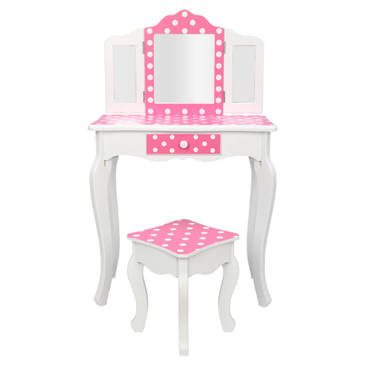 Smuxee Wood Kids Small White Vanity Set for Girls with 3-Fold Mirror,Child Makeup Table