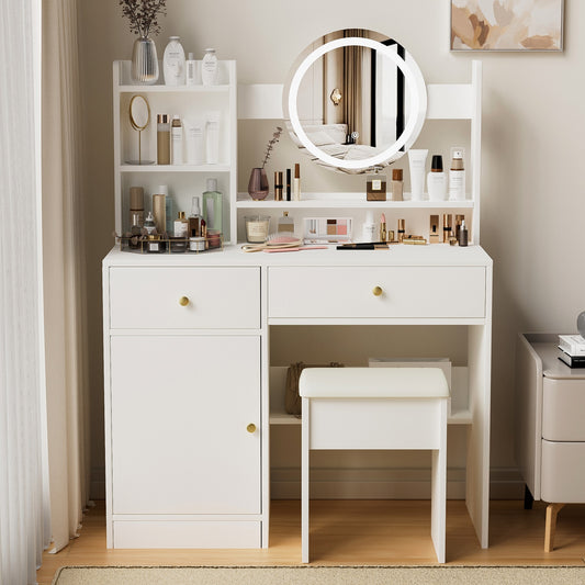 Smuxee Modern Vanity Set with Mirror and Cushioned Vanity Chair,Makeup Vanity for Bedroom,White