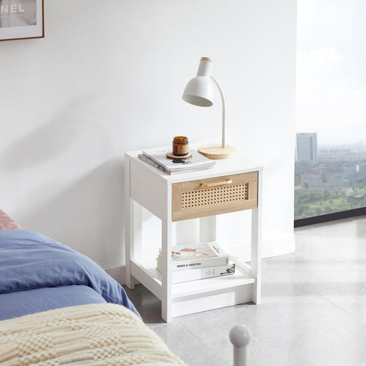 Smuxee Classic Wood Rattan Nightstand with 1 Drawer and Shelf,Side Tables for Living Room