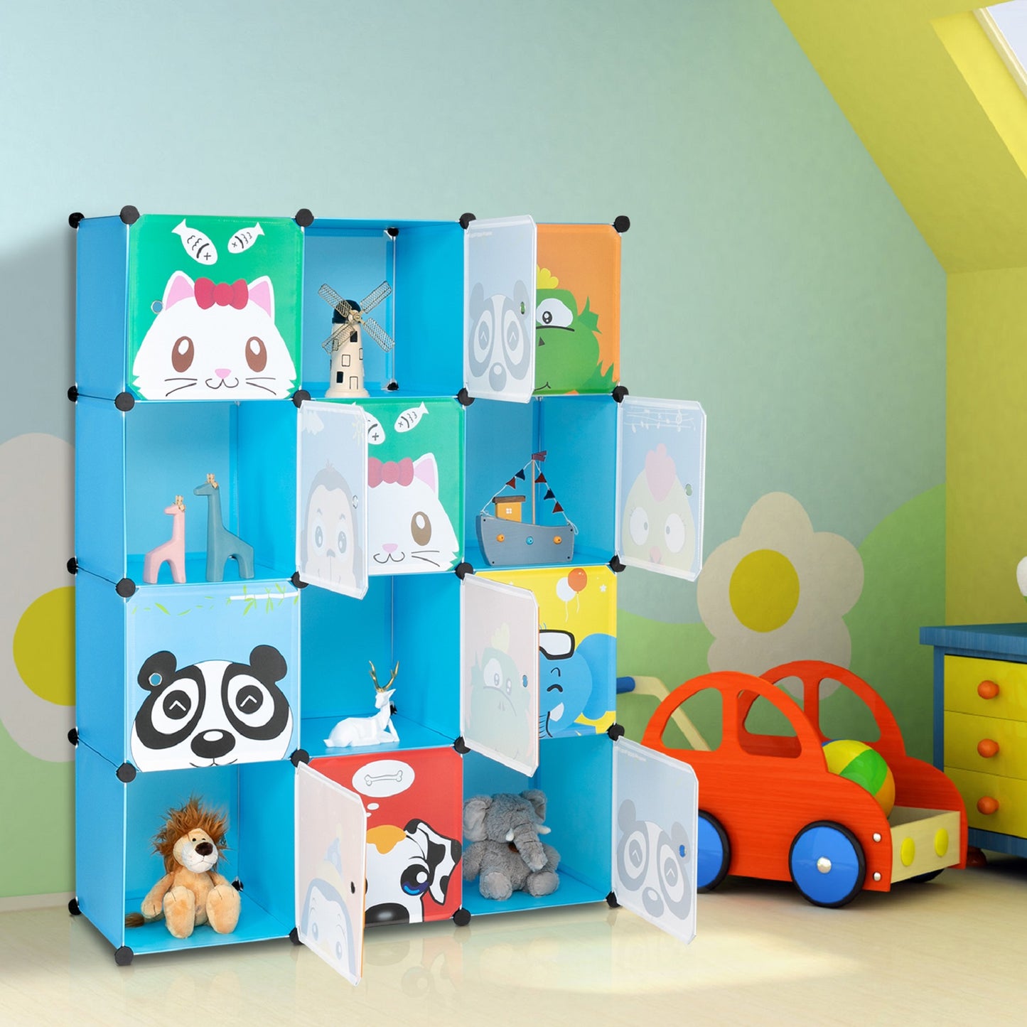 Smuxee Cartoon Animals Kids DIY Storage Closet,Kid Toys and Bookshelf Storage 12 Cube Organizer