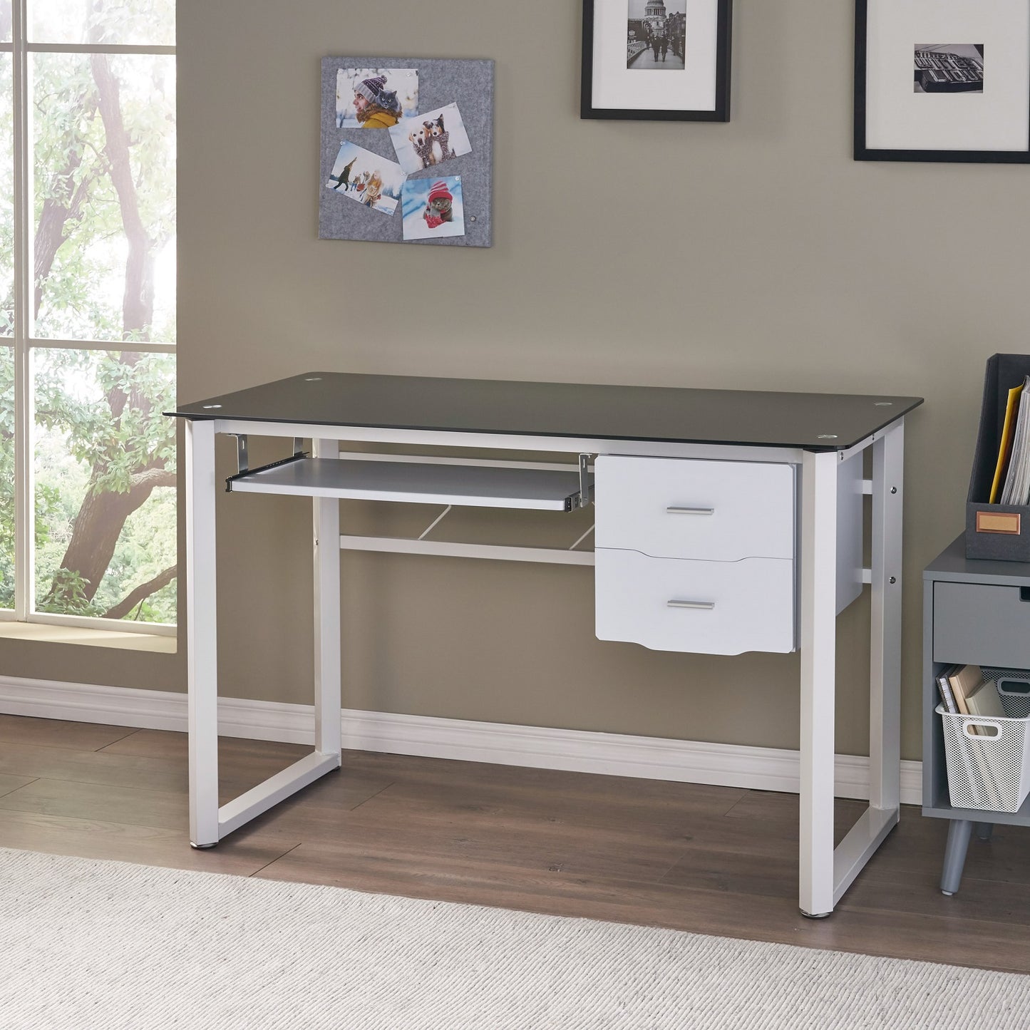 Algherohein Simple Computer Desk for Small Area with Keyboard Tray and 2 Drawers