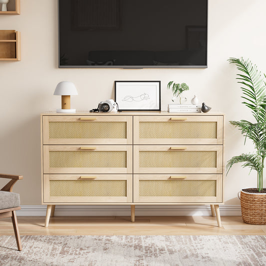 Semiocthome Modern Dressers with 6 Rattan Drawers Chest of Drawers for Bedroom