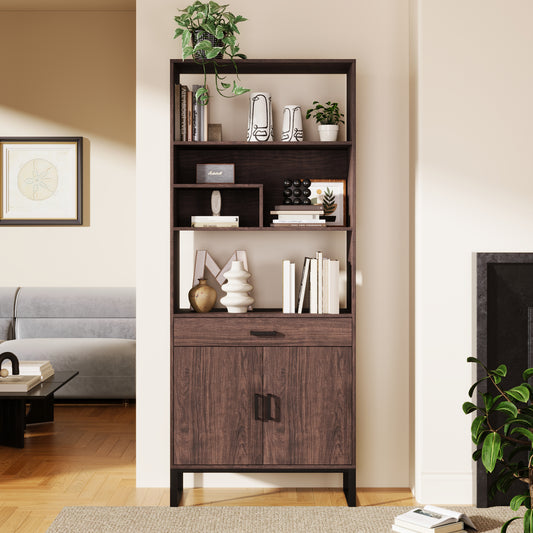 Semiocthome 75.9" Wooden Bookcase with Storage Doors and drawer Display Rack for Living Room,Brown