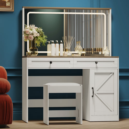 Smart FENDEE 43.3"Makeup Vanity with Stool Set LED Mirror Dressing Table with 2 Drawer,Bedroom