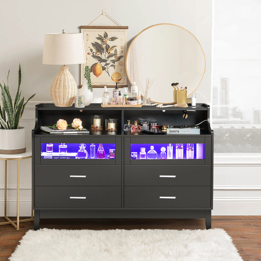 Smart FENDEE 6 Drawer Dresser with LED Lights and Tempered Glass Storage Cabinet,Home