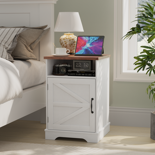 Semiocthome Farmhouse Nightstand with Charging Station and Barn Door,Bedside Table for Bedroom