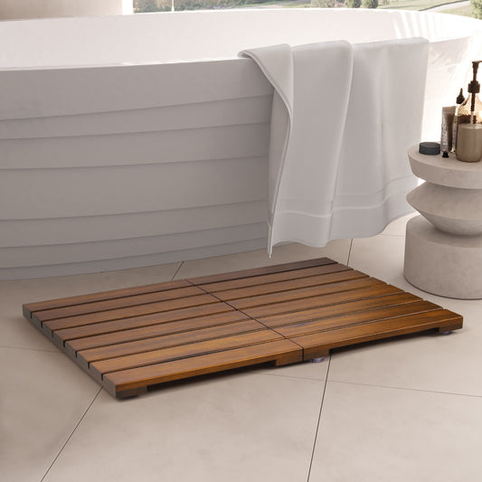 Smuxee Foldable Teak Wood Bath Mat,Non Slip Bathtub Mat 23.2in*16.2in,Indoor and Outdoor Use