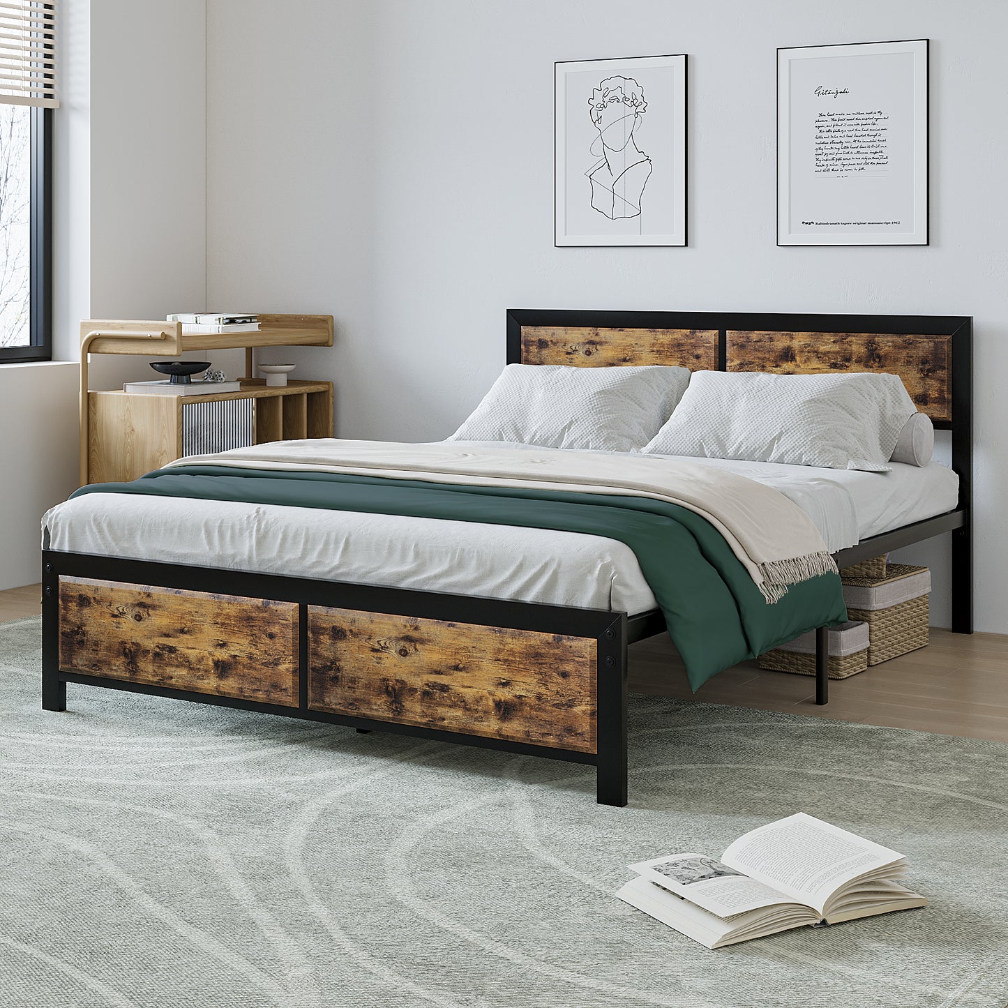 Algherohein Metal Bed Frame with Headboard Wood,No Box Spring Needed