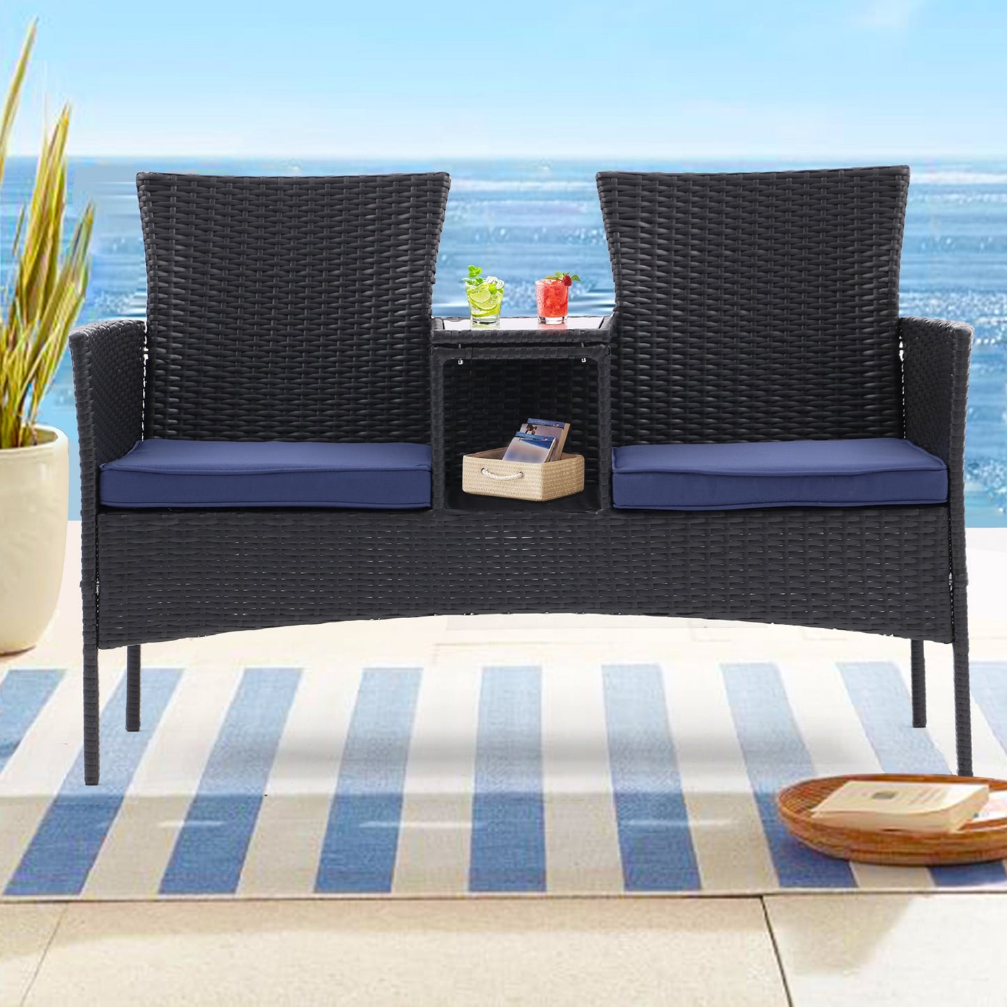 Algherohein Wood Outdoor Couch Seating 2-seat Set,20.5in W Patio Sofa with Coffee Table