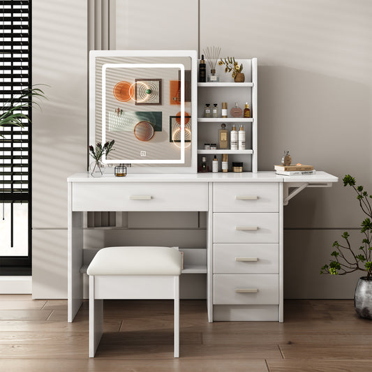Smart FENDEE Modern Vanity Table Set with Mirror Lights, 5 Shelves,5 Drawers,Bedroom,White