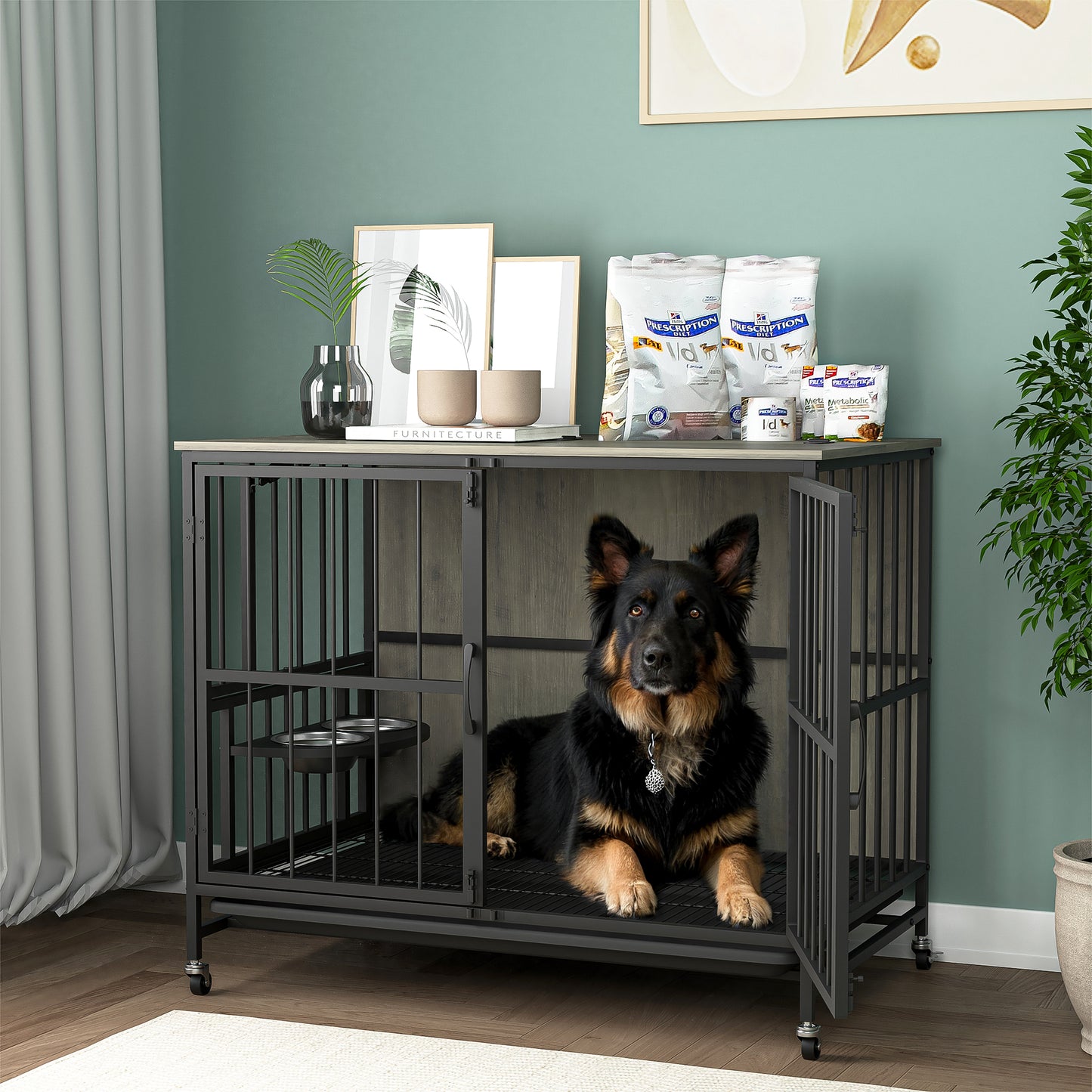 Smart FENDEE Modern Pet Kennel Dog Crate with Adjustable Feeding Bowls