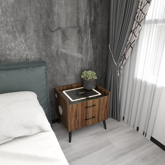 Algherohein Smart LED Nightstand with Charging Station and Bluetooth Speaker,2 Drawers,Brown