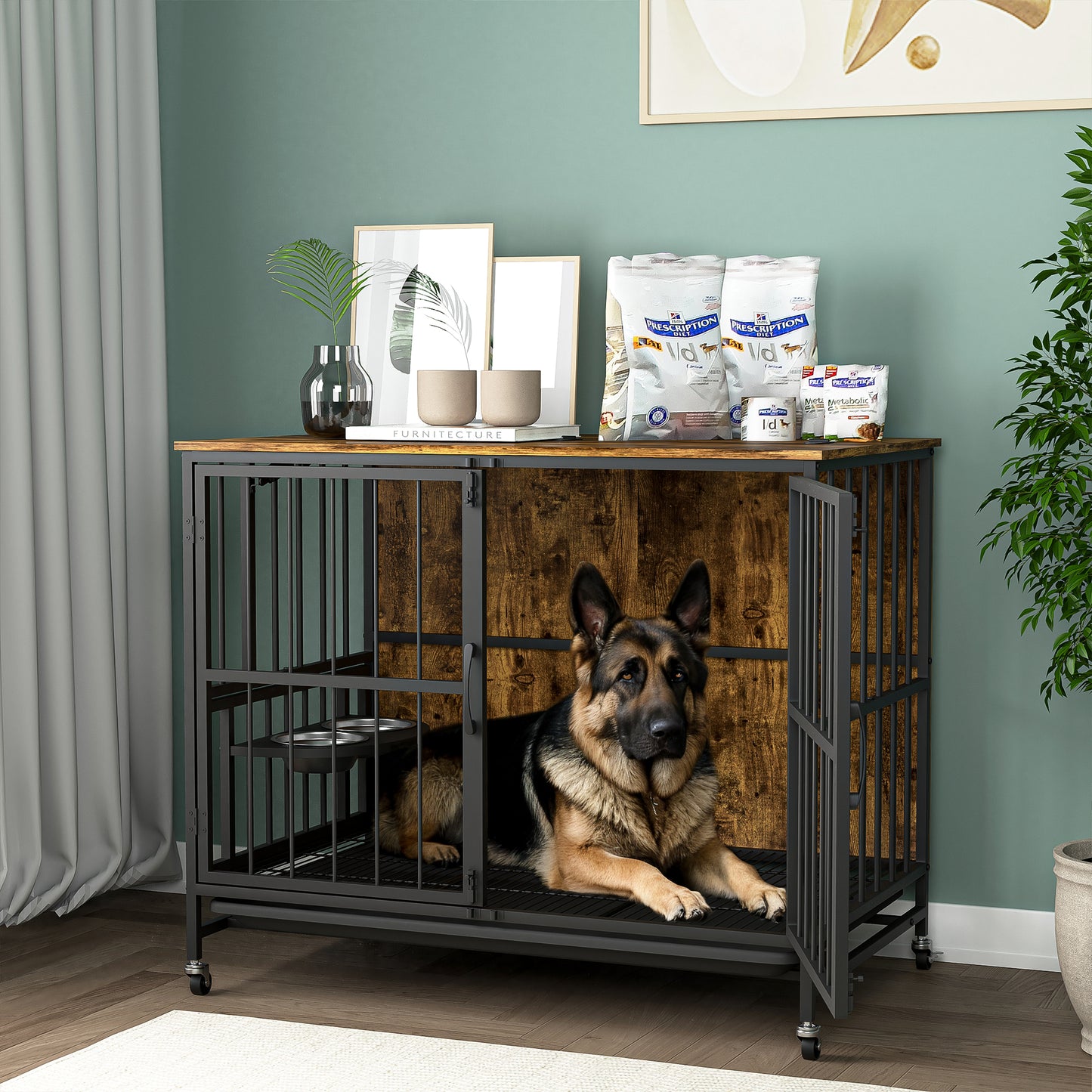 Smart FENDEE Modern Pet Kennel Dog Crate with Adjustable Feeding Bowls