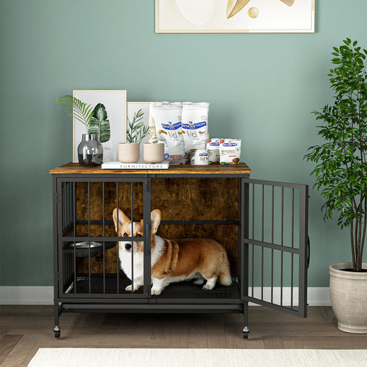 Smart FENDEE Modern Pet Kennel Dog Crate with Adjustable Feeding Bowls
