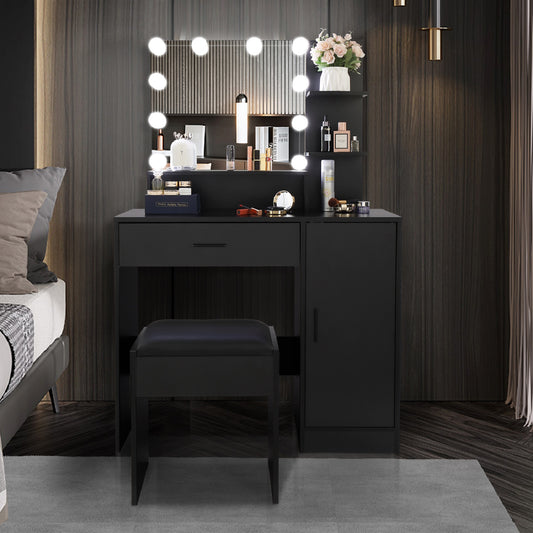 Smuxee Modern Drawer Vanity Set with Mirror and LED Lights,Makeup Dresser Table with 3 Shelves
