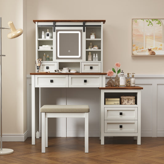 Semiocthome Farmhouse Makeup Vanity Desk with Cushioned Stool and Charging Station for Bedroom,White