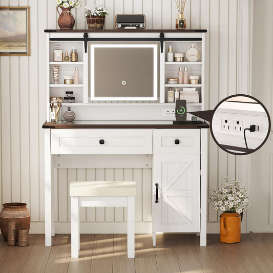 Smart FENDEE Farmhouse Makeup Vanity with Power Outlet,Glass Top,Sliding Mirror, Bedroom,White,Adult