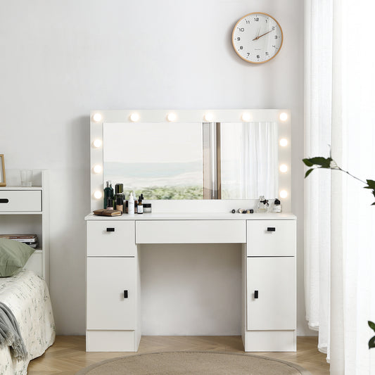Semiocthome Vanity table with 3 color Lighted Mirror, Makeup Desk with 3 Drawers and 2 Storage Cabinet, White