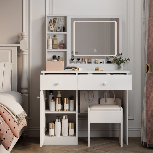 Smart FENDEE Modern Vanity with Makeup Stool Dressing Table with hair dryer holder,Bedroom,White