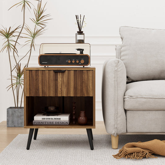 Algherohein Night Stands for Bedroom,Modern End Tables for Living Room with Fluted Drawer,Walnut