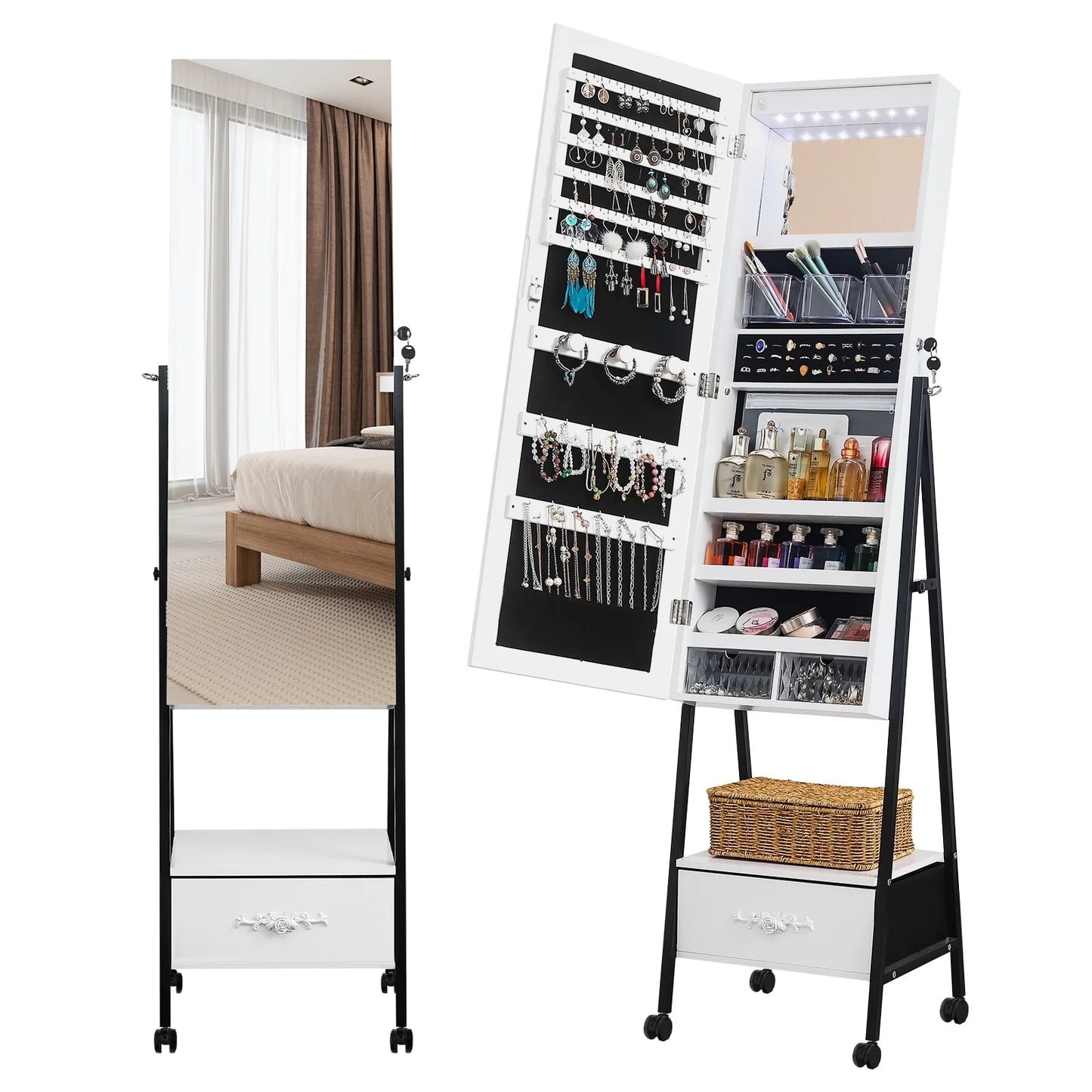 Smart FENDEE Wood Freestanding Jewelry Armoire Cabinet with Lights and Movable Wheel for Adult