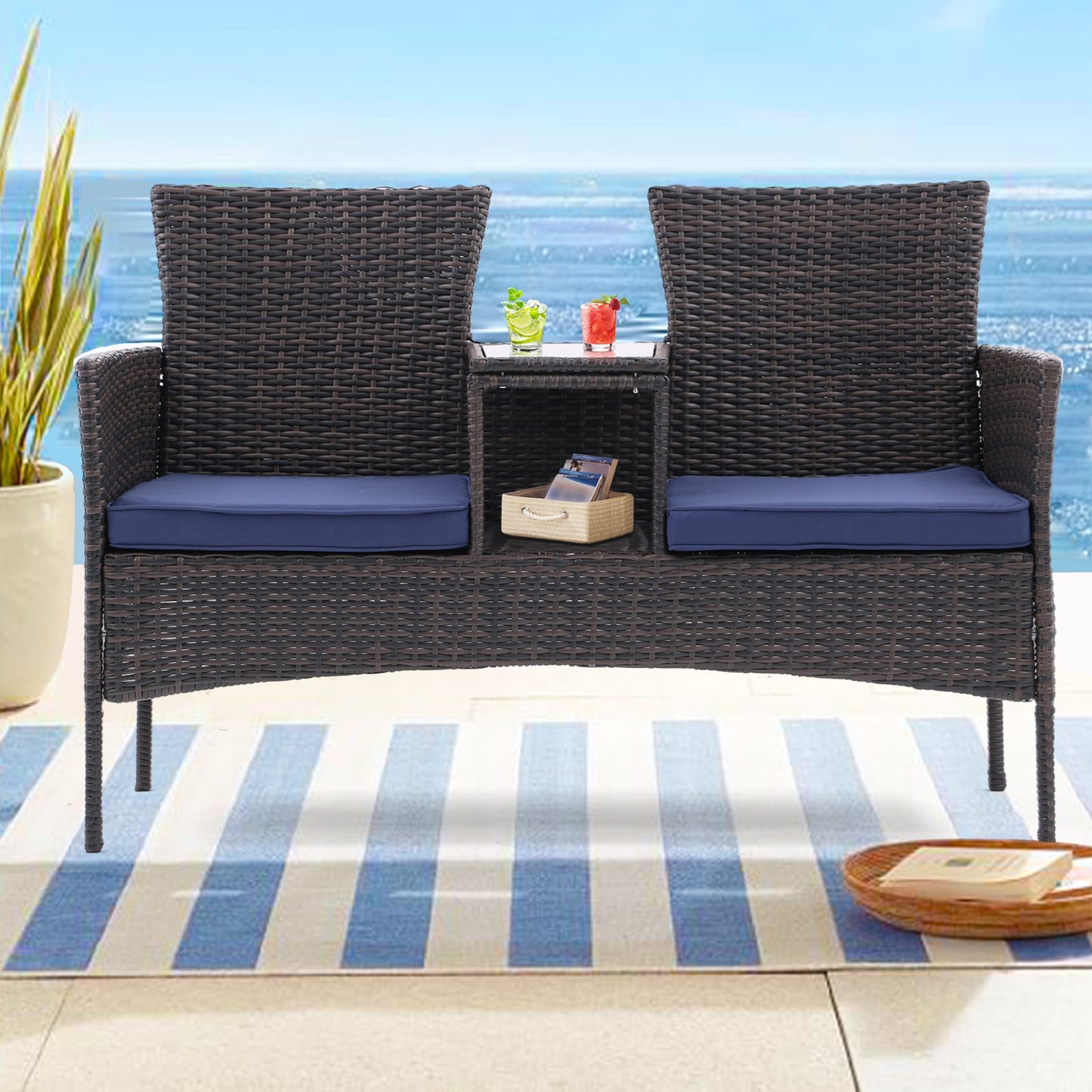Algherohein Wood Outdoor Couch Seating 2-seat Set,20.5in W Patio Sofa with Coffee Table