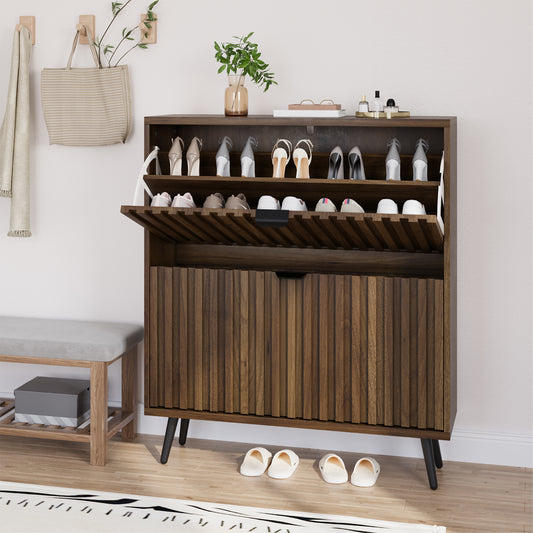Semiocthome Shoe Cabinet with 2 Fluted Flip Drawers Freestanding Shoe Organizer for Entryway