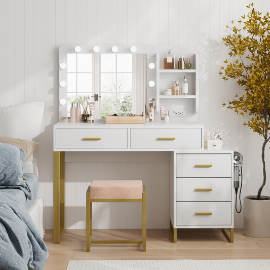 Algherohein Vanity Set with Mirror and Charging Station,Modern Makeup Vanity for Bedroom