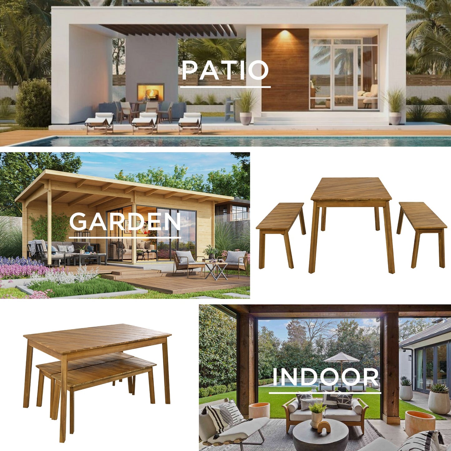 Algherohein Wood 3 Pieces Patio Table and Chairs,Outdoor Picnic Dining Set with 2 Benches