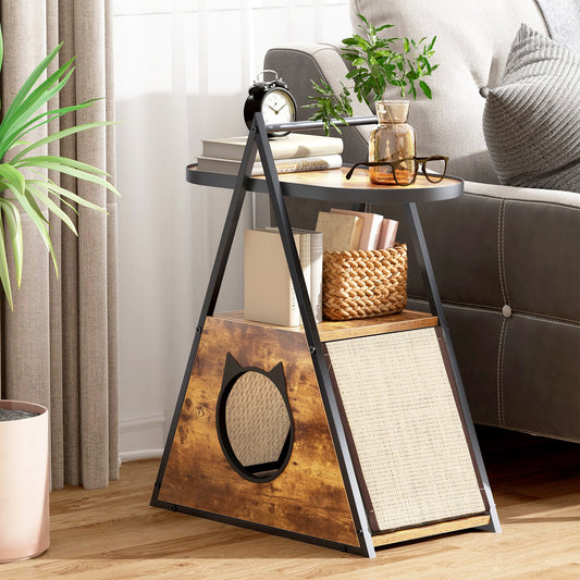 Algherohein Wood Side Table Cat House Box with Cat Scratcher,Home Storage Pet Condo Furniture,Brown