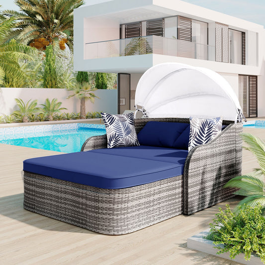 Algherohein PE Rattan Outdoor Daybed with Adjustable Canopy and Cushions,Patio Couch Bed
