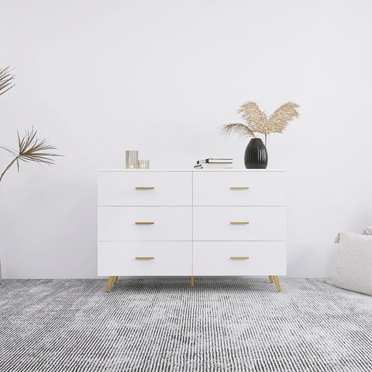Smart FENDEE White Dressers with 6 Drawers and Golden Handle Chest of Drawers Bedroom Furniture