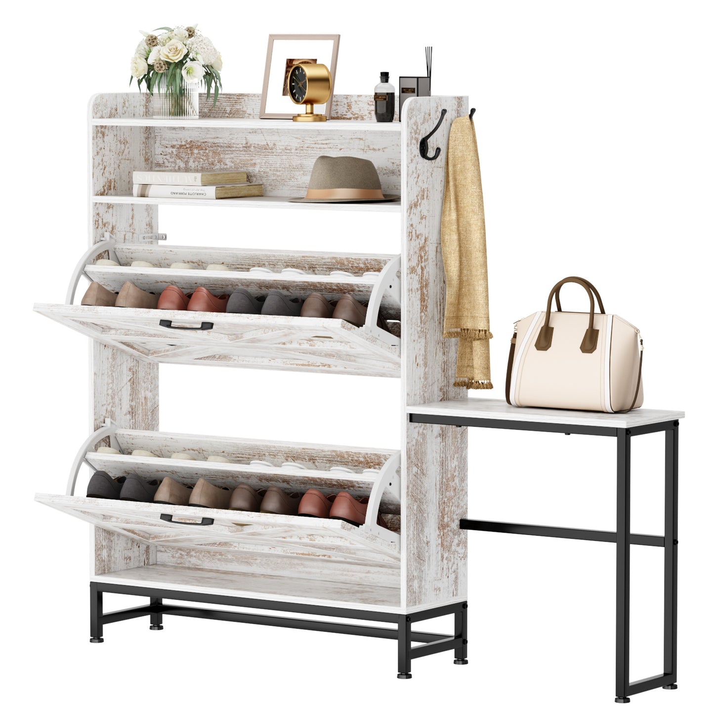 Smuxee Farmhouse Shoe Cabinet with Storage Table and Shelf,Entryway Shoe Storage Cabinet,Wood White