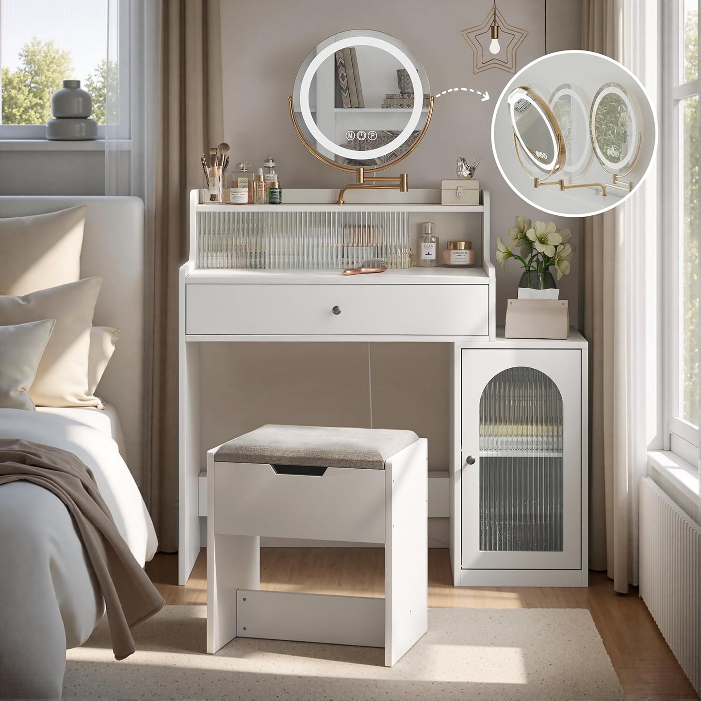 Semiocthome Makeup Vanity with 360° Rotatable Mirror and 3 Adjustable Lights