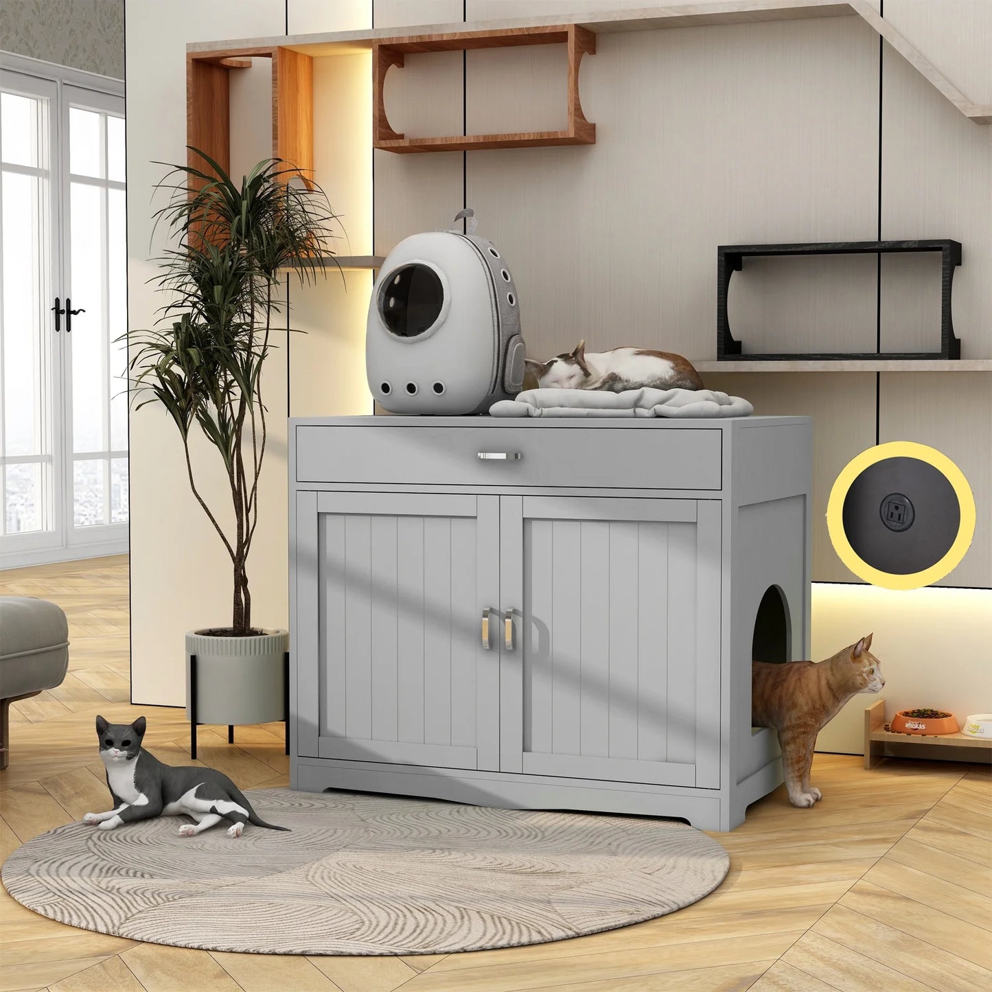 Smart FENDEE Modern Cat Litter Box with Hidden Plug, 2 Doors Wooden Pet House