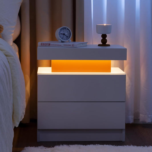 Smuxee Modern Wood LED Nightstand with 2 Drawers, End Tables for Living Room or Bedroom