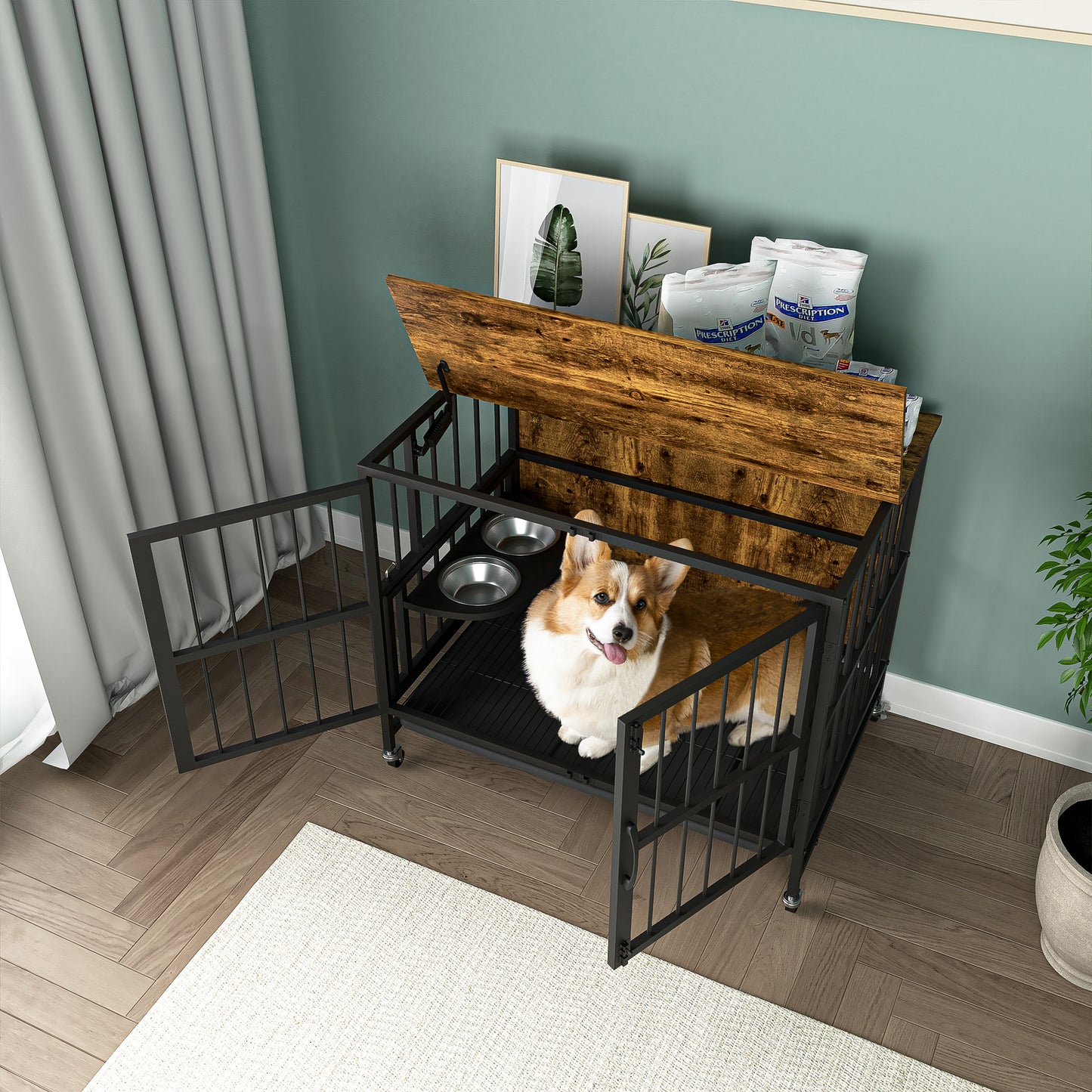 Smart FENDEE Modern Pet Kennel Dog Crate with Adjustable Feeding Bowls