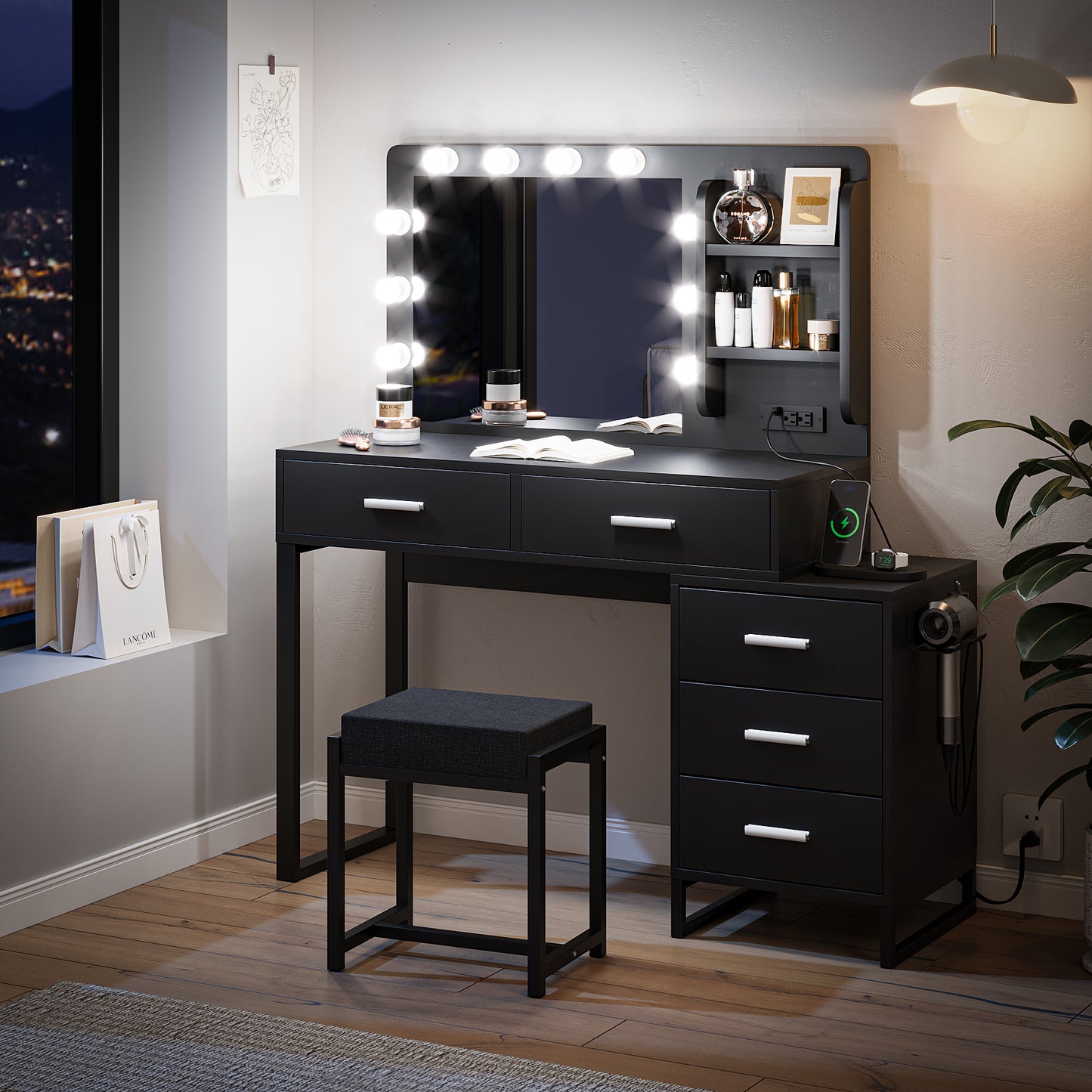 Smuxee Modern Dressing Table Set with 10 LED Lights and Mirror ,Black