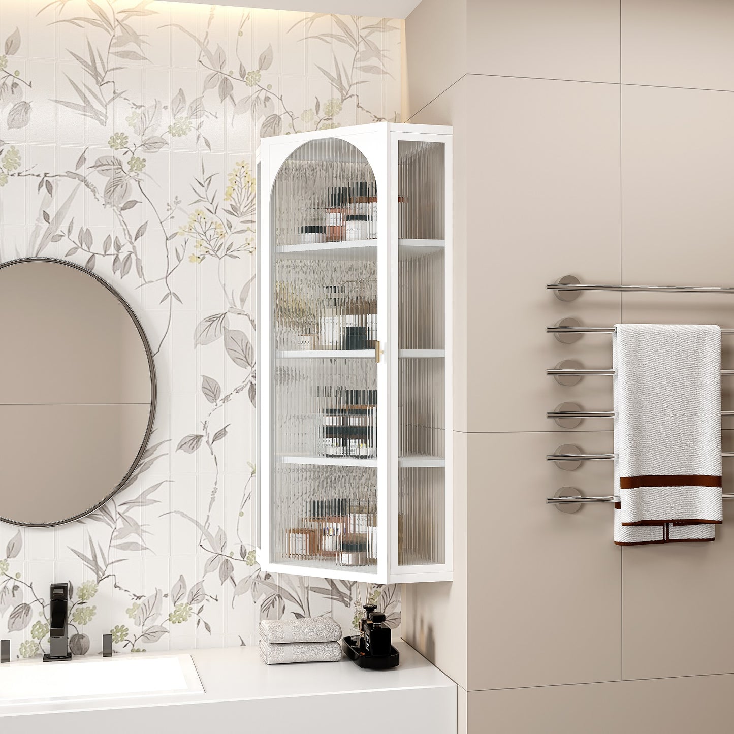 Smuxee Glass Bathroom Cabinet Storage with 4 Bathroom Shelf,Wall Corner Cabinet,White