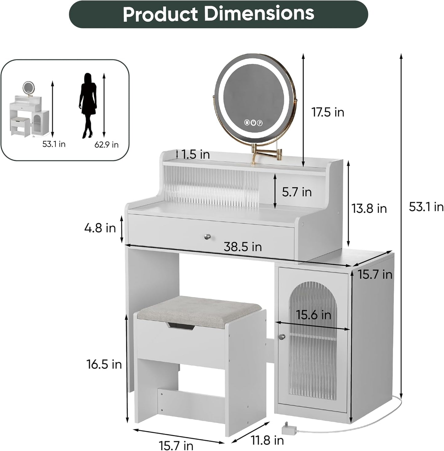 Semiocthome Makeup Vanity with 360° Rotatable Mirror and 3 Adjustable Lights