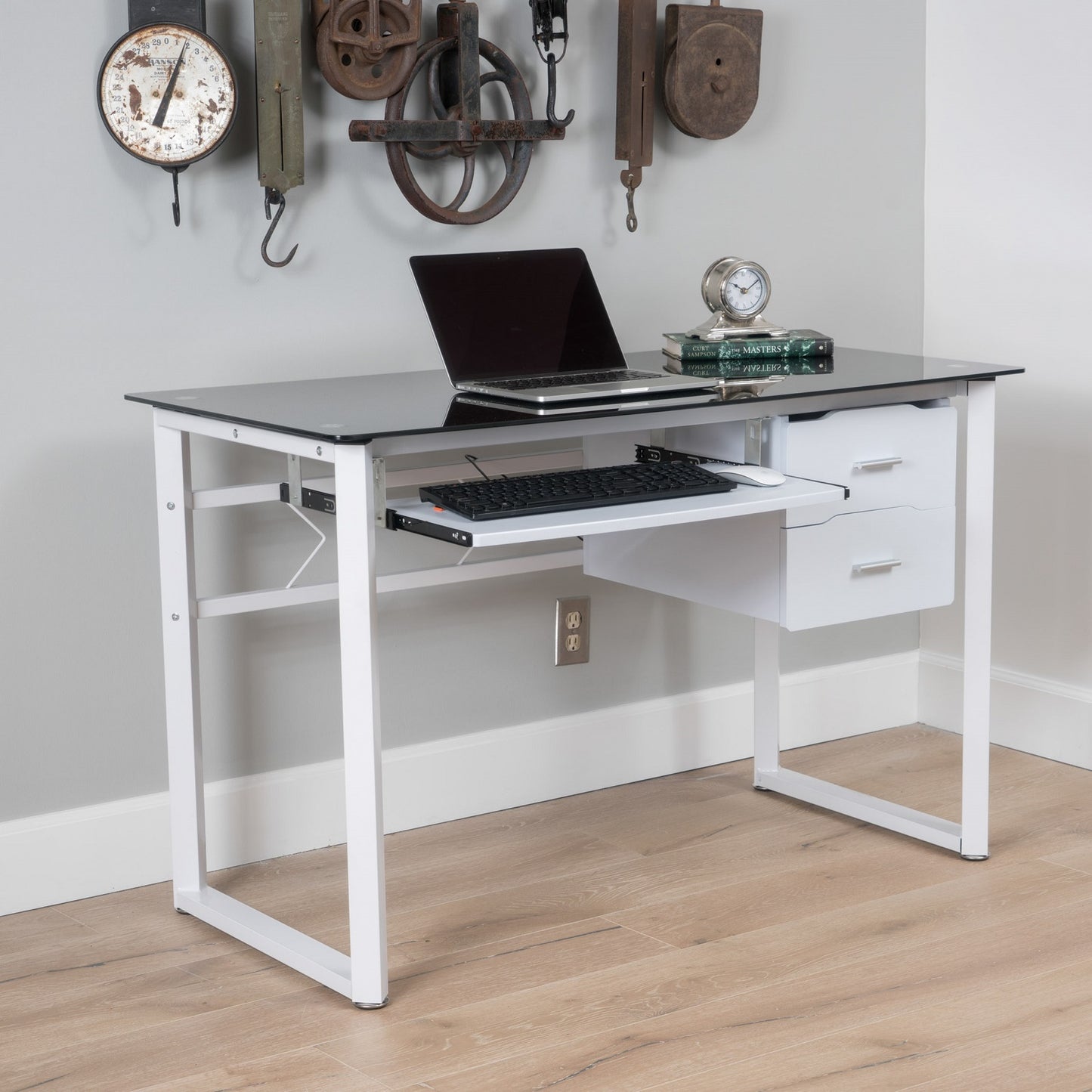 Algherohein Simple Computer Desk for Small Area with Keyboard Tray and 2 Drawers