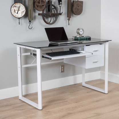 Algherohein Simple Computer Desk for Small Area with Keyboard Tray and 2 Drawers
